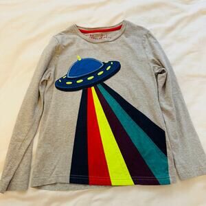 Mini Boden Gray Long Sleeve UFO Applique Rainbow Size 7-8Y